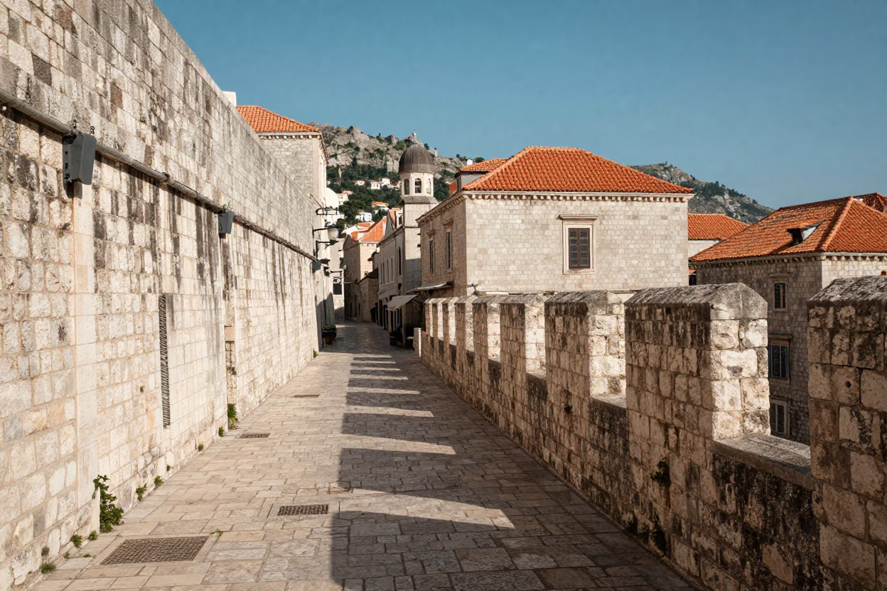 Noon Light on Dubrovnik Stone Walls and Local Street Life in Croatia in in Dubrovnik, Croatia