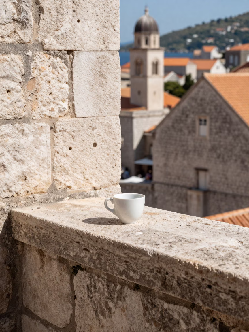 Noon Light on Dubrovnik Stone Walls with Ceramic Cup and Lockbox in in Dubrovnik, Croatia