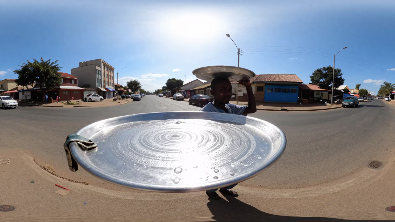 Noon Light on Durban Street with Water Rings and Scratches on Metal Tray in in Durban, South Africa