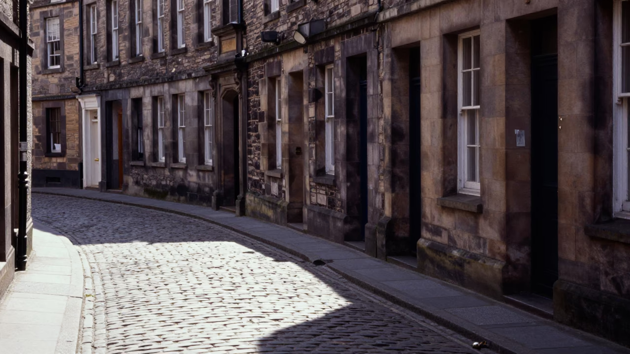 Noon Light on Edinburgh Cobblestones with Padlock and Stone Architecture in in Edinburgh, United Kingdom