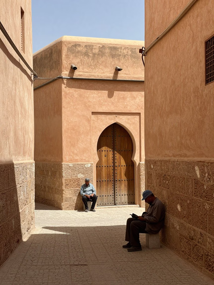 Noon Light on Fez Medina Alley with Pruning Shears and Red Camellia Blooms in in Fez, Morocco