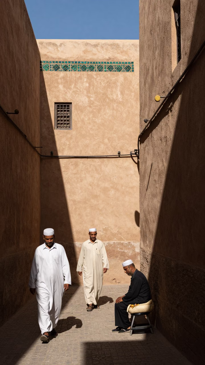Noon Light on Fez Medina Workers and Traditional Linen Fringe Details in in Fez, Morocco