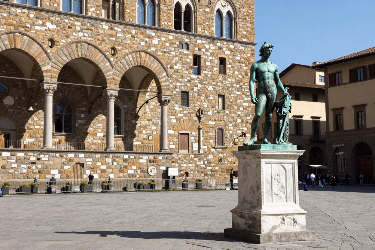 Noon Light on Florence Piazza Signoria with Bronze Statue and Tourists in in Florence, Italy