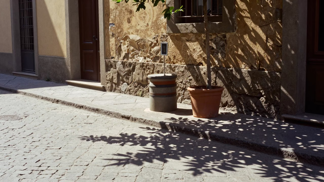 Noon Light on Florentine Cobblestones with Leaf Shadows and Urban Reflections in in Florence, Italy