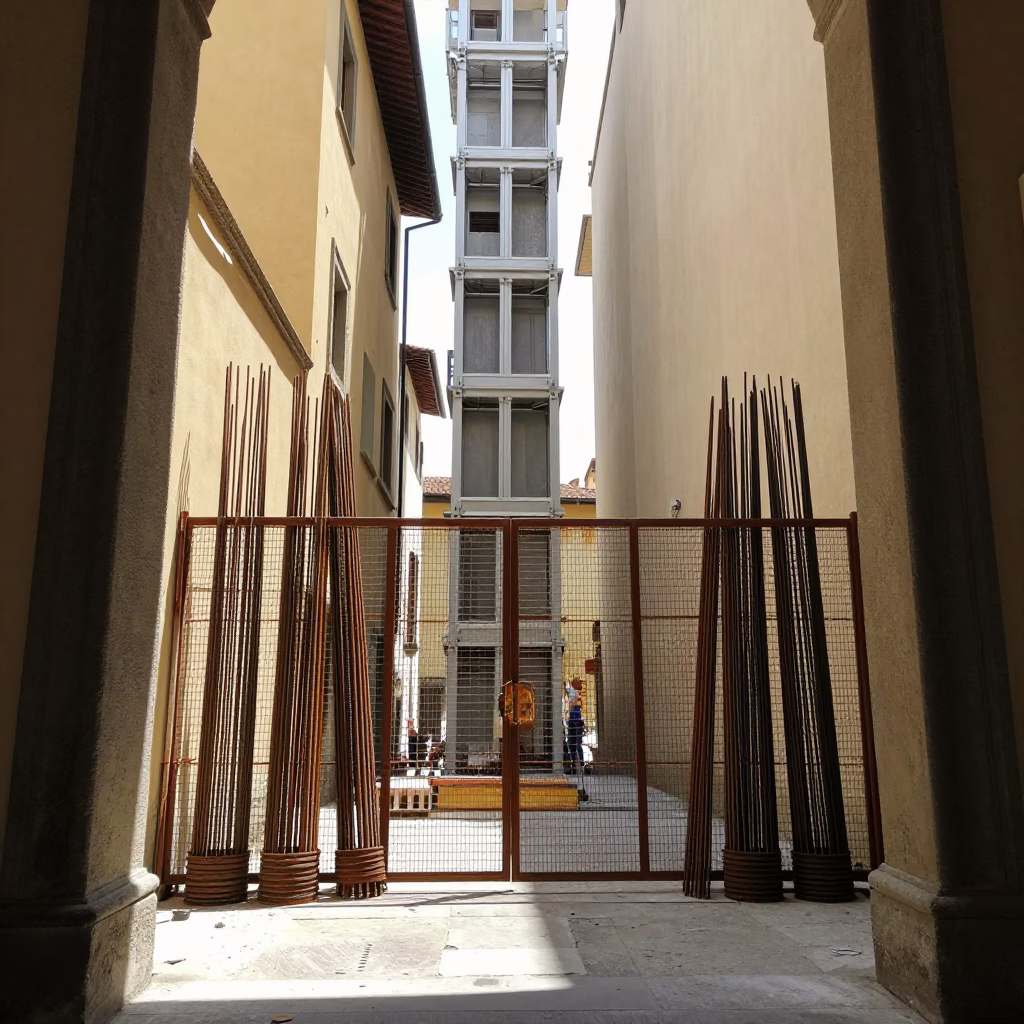 Noon Light on Florentine Construction Site with Doorframe and Rebar Bundles in in Florence, Italy