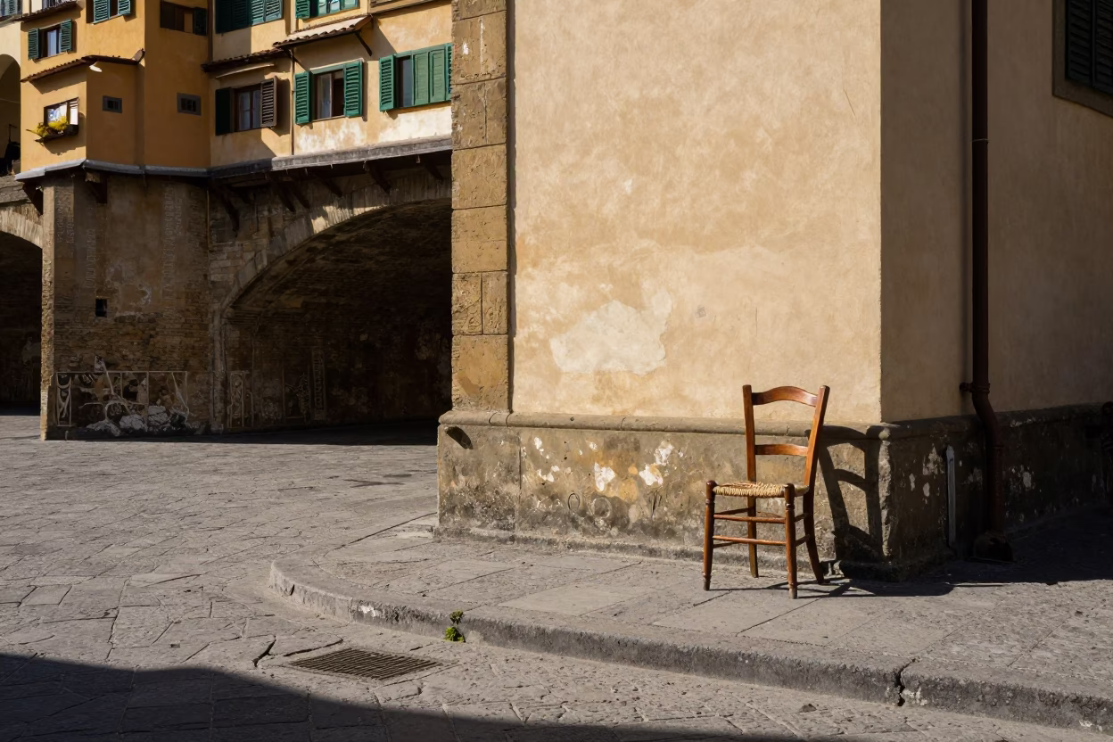 Noon Light on Florentine Street Corner with Spindle Chair and Onions in in Florence, Italy