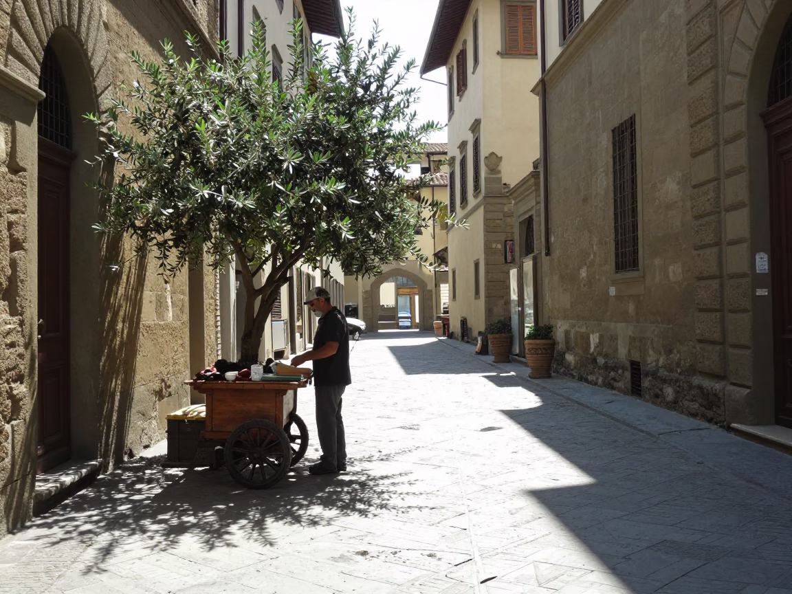 Noon Light on Florentine Street with Olive Wood Spoon and Metro Train in in Florence, Italy