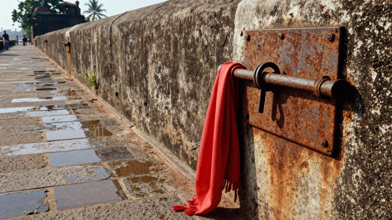 Noon Light on Fort Kochi Promenade with Rusted Latch and Scarf in in Kochi, India