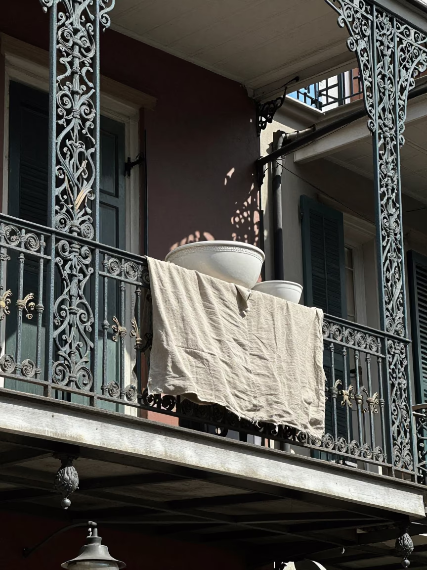 Noon Light on French Quarter Balcony with Linen Fringe and Olive Dish in in New Orleans, Louisiana, United States