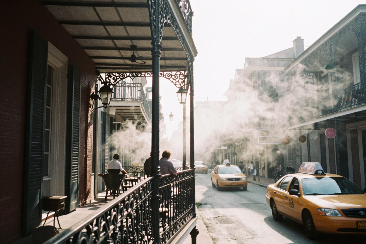 Noon Light on French Quarter Balcony with Steam Rising from Coffee Cup in in New Orleans, Louisiana, United States