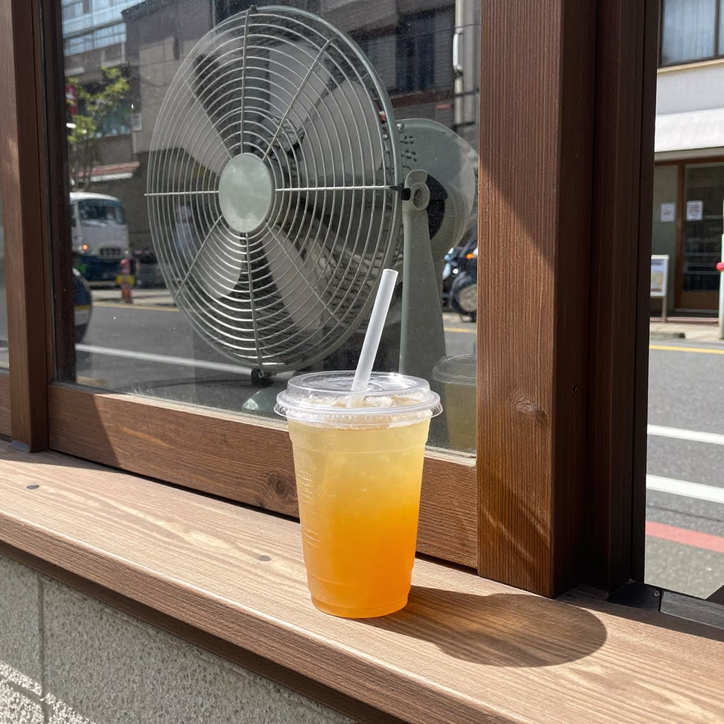 Noon light on Fukuoka street corner with window fan and sugarcane juice in in Fukuoka, Japan