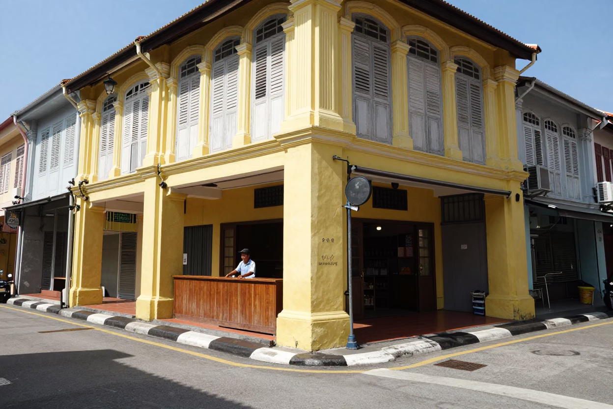 Noon Light on George Town Street Corner with Shopkeeper and Potted Herbs in in George Town, Malaysia
