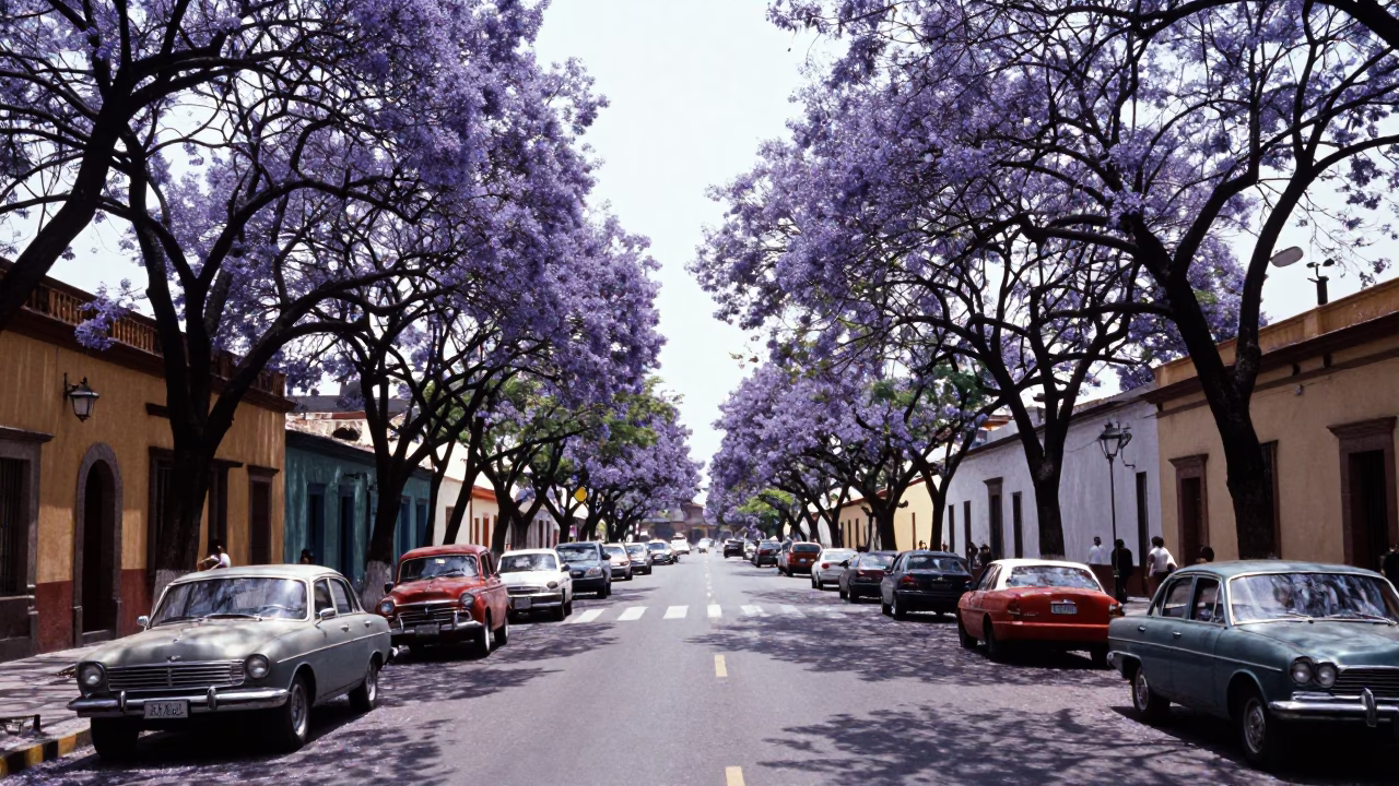 Noon Light on Guadalajara Jacaranda Boulevard with Vintage Cars and Colonial Architecture in in Guadalajara, Mexico