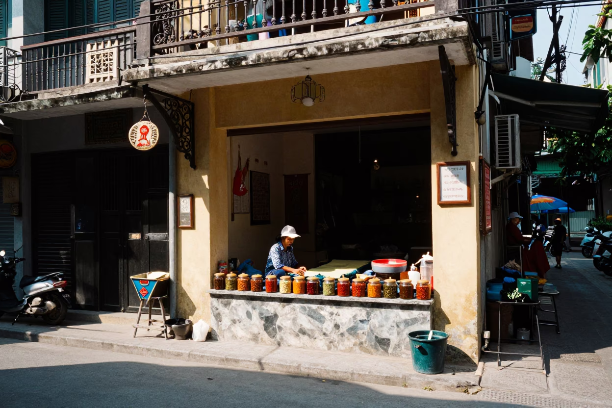 Noon Light on Hanoi Street Corner with Silk Dyeing and Spice Jars in in Hanoi, Vietnam