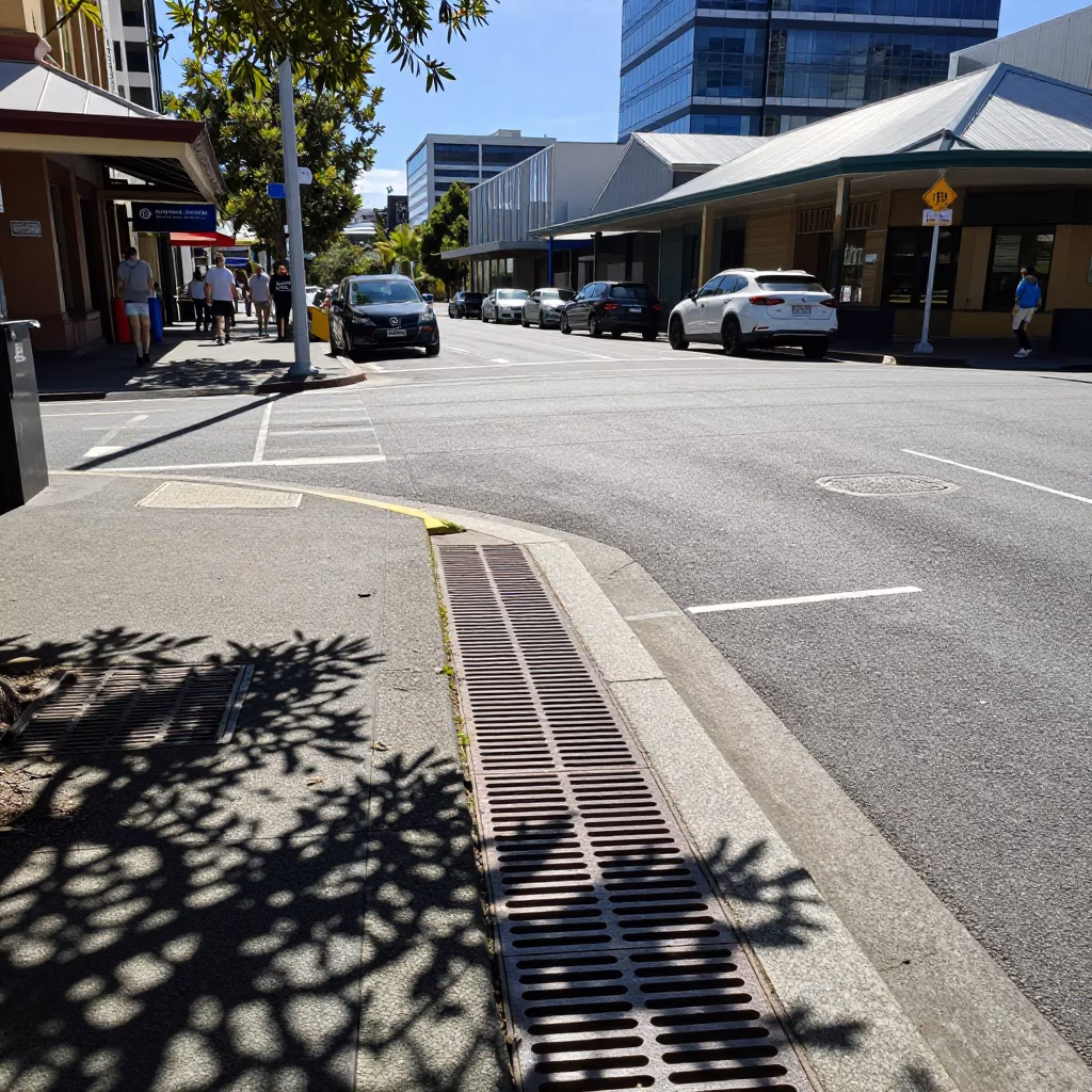Noon Light on Hobart Street Corner with Wicker Shadow and Drain in in Hobart, Tasmania, Australia