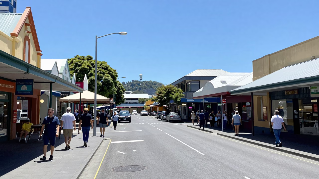 Noon light on Hobart streets near Salamanca Market stalls with chess clock in in Hobart, Tasmania, Australia