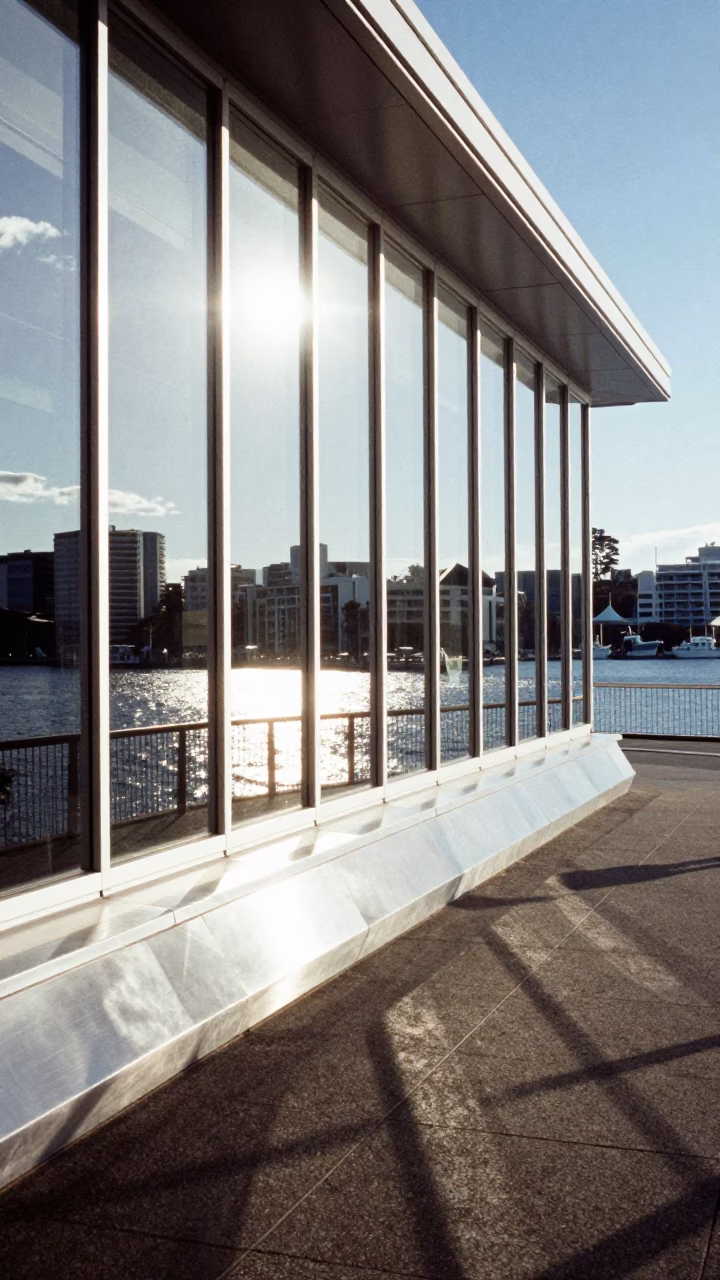 Noon Light on Hobart Waterfront Promenade with Glass Windows and Steel Edges in in Hobart, Tasmania, Australia