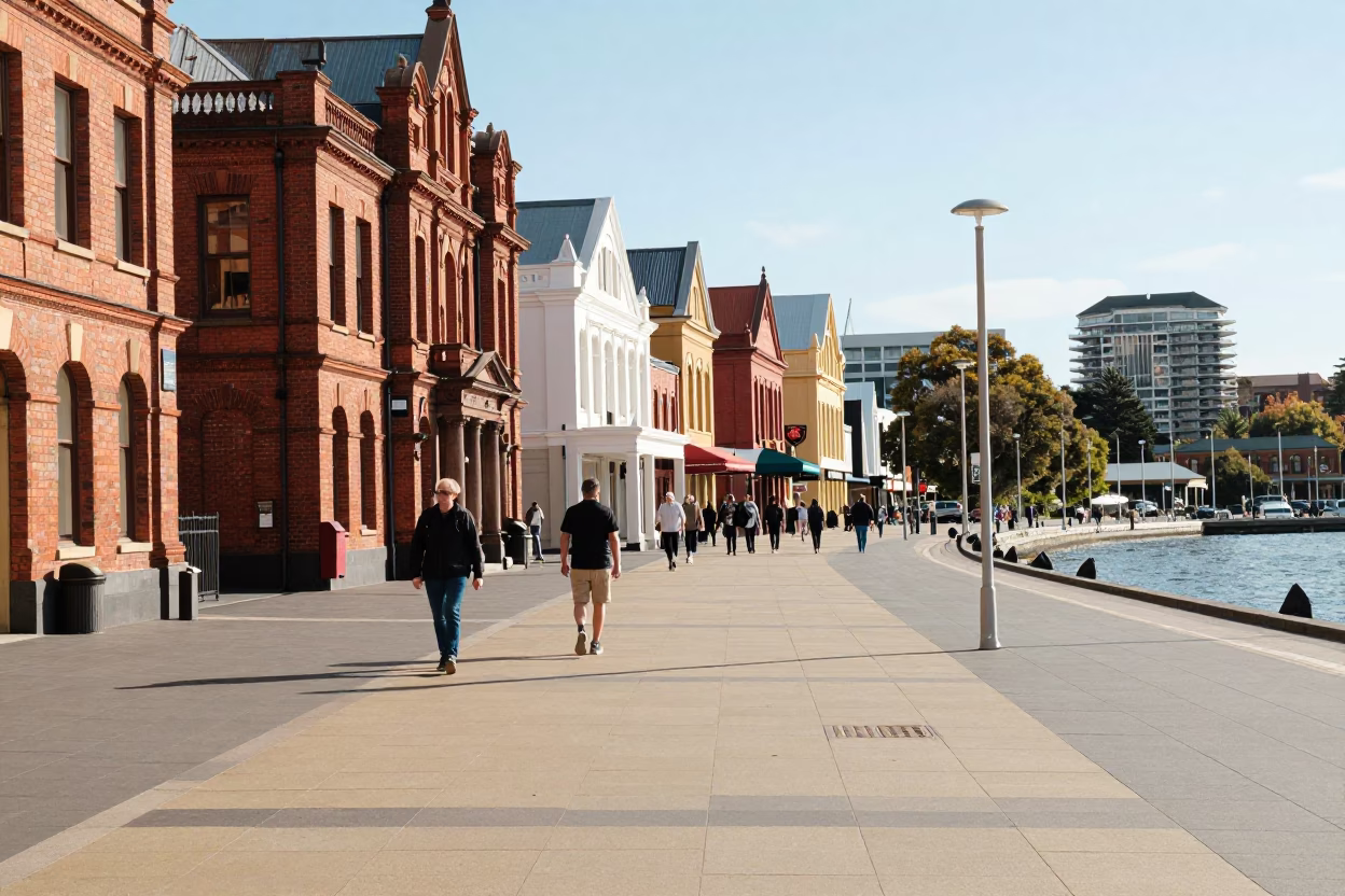 Noon Light on Hobart Wharf Street with Pedestrians and Local Details in in Hobart, Tasmania, Australia