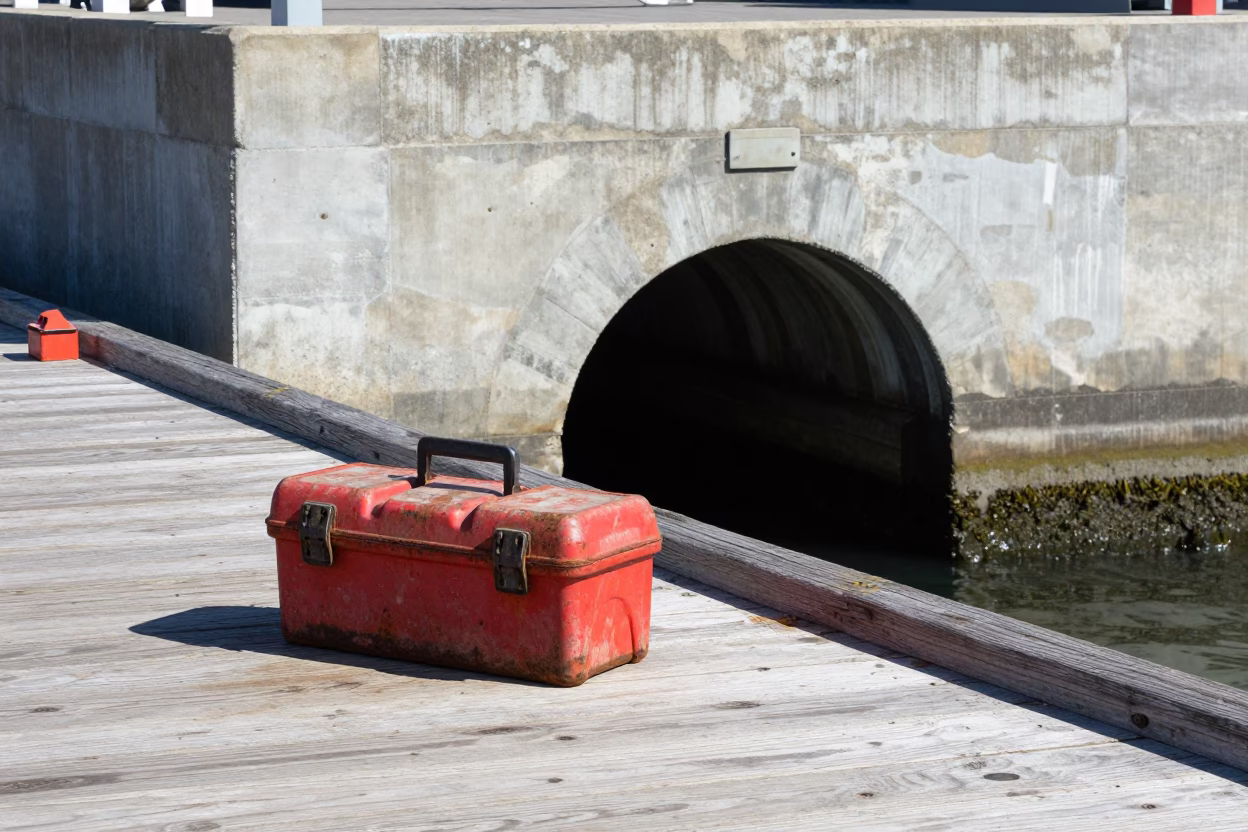 Noon Light on Hobart Wharf with Toolbox and Tunnel Concrete in in Hobart, Tasmania, Australia