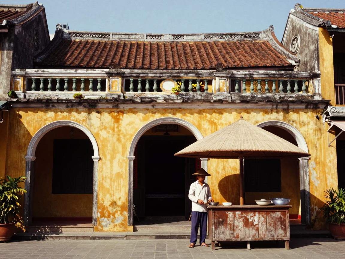 Noon Light on Hoi An Yellow Walls and Traditional Conical Hat Vendor in in Hoi An, Vietnam