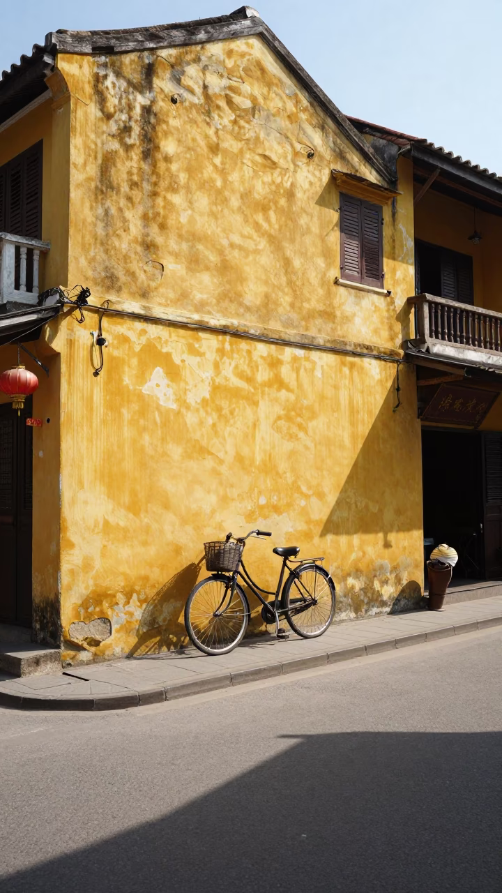 Noon light on Hoi An yellow walls bicycle and street life in in Hoi An, Vietnam
