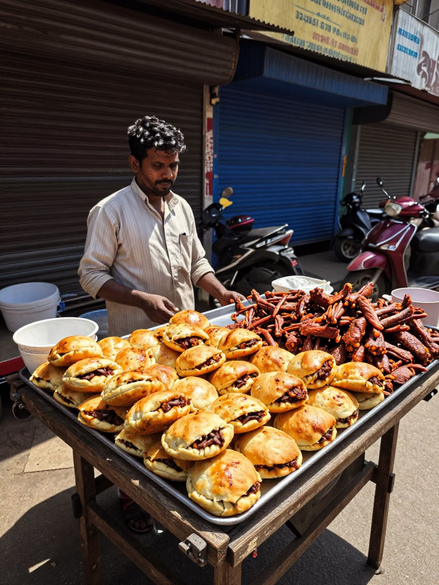 Noon light on Hyderabad street vendor selling spicy meat samosas with copper tray in in Hyderabad, India