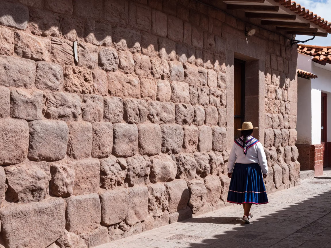 Noon light on Inca stone walls and colonial balcony in Cusco Peru street scene in in Cusco, Peru