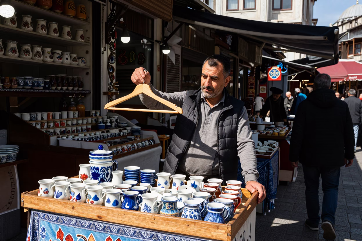 Noon Light on Istanbul Bazaar Stall Vendor Holding Wooden Hanger in in Istanbul, Turkey
