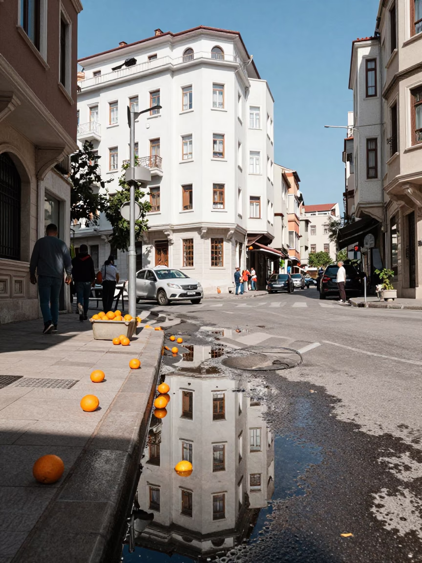 Noon light on Istanbul street with oranges and puddle reflections of hotel windows in in Istanbul, Turkey