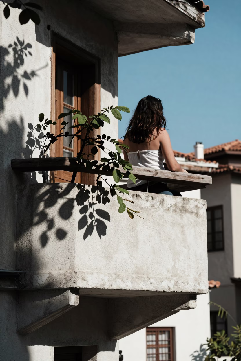 Noon Light on Izmir Balcony with Leaf Shadows and Berry Detail in in Izmir, Turkey