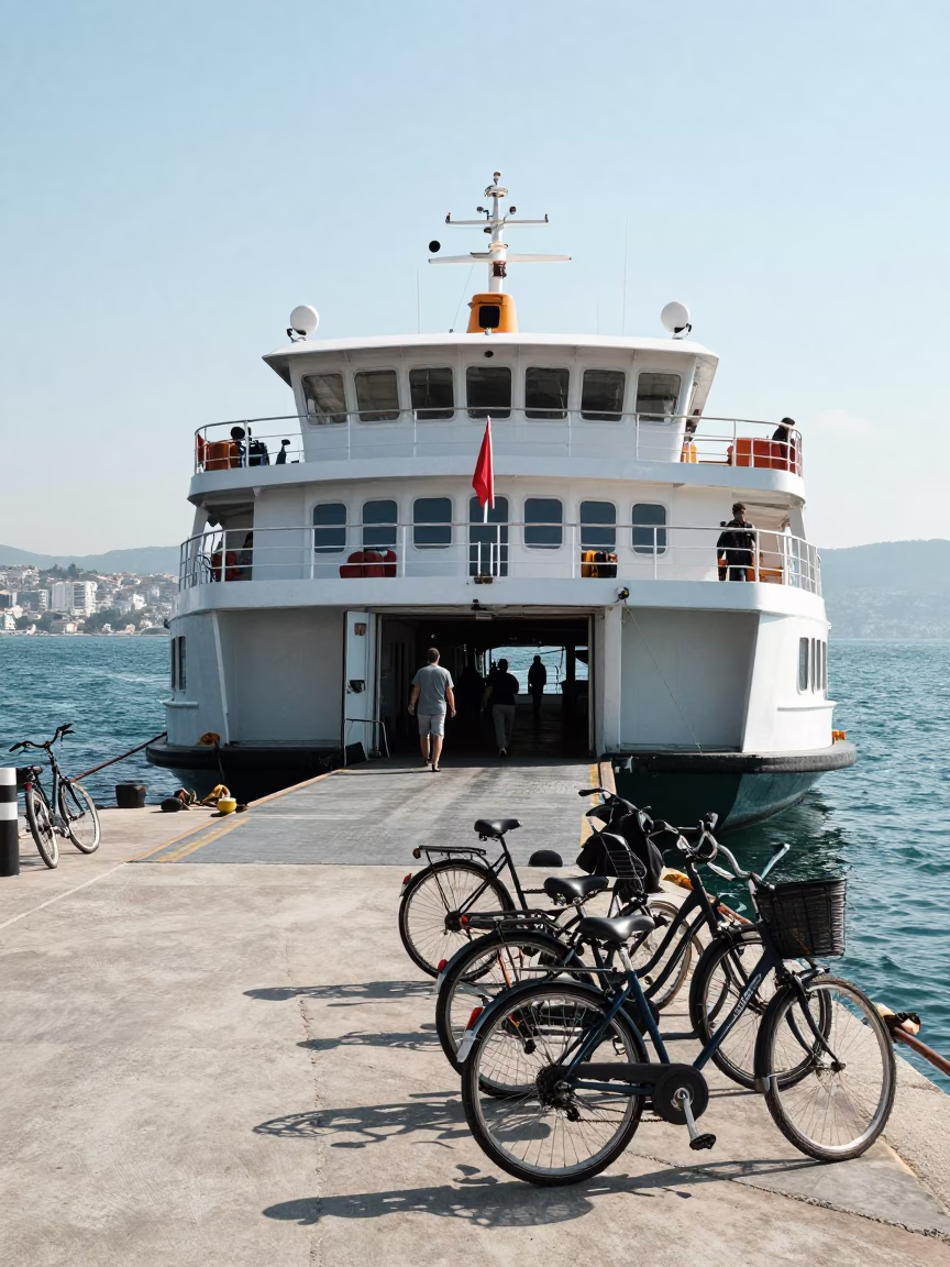Noon Light on Izmir Waterfront Ferry Dock with Bicycles and Local Commuters in in Izmir, Turkey