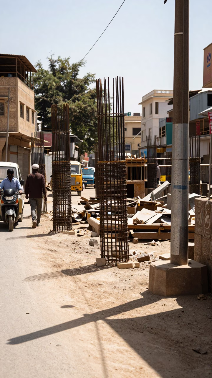 Noon light on Jaipur street construction site with rebar and dust in in Jaipur, India