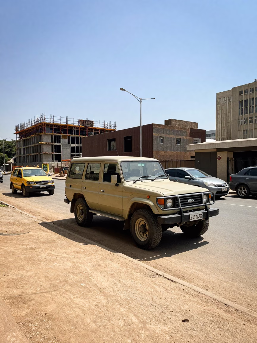 Noon Light on Johannesburg Street Corner with Construction Site and Vintage SUV in in Johannesburg, South Africa