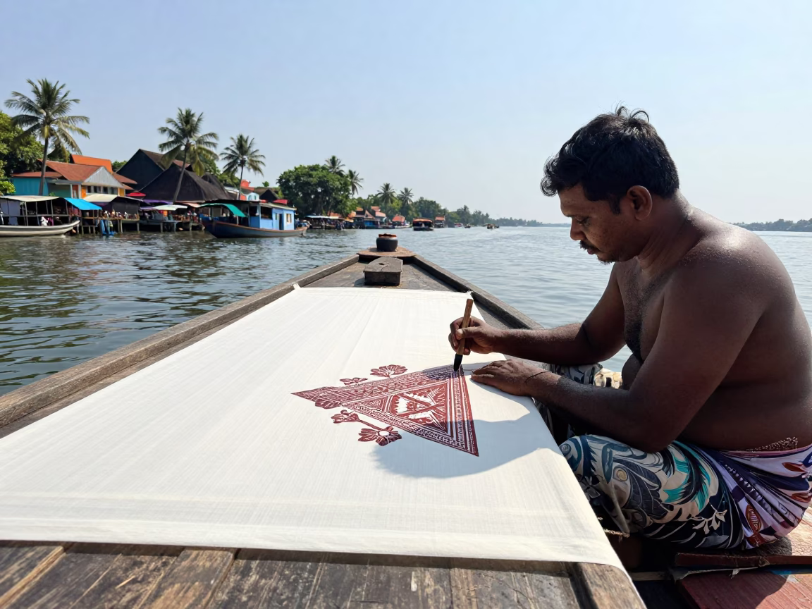 Noon light on Kochi backwaters with batik wax tool and fallen flower petals in in Kochi, India