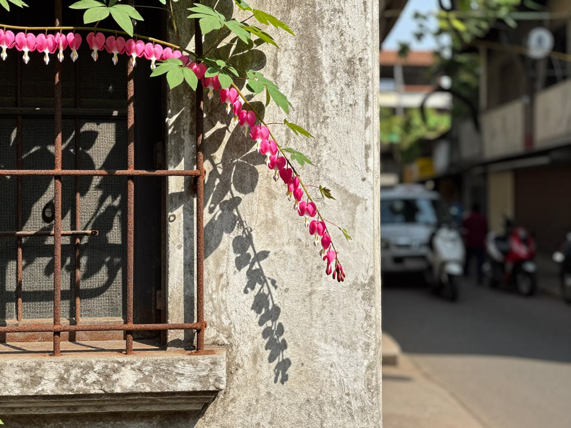 Noon Light on Kolkata Street Corner with Bleeding Heart Vine and Street Vendor in in Kolkata, India