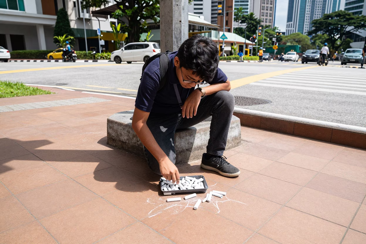 Noon light on Kuala Lumpur street corner with student chalk tray and stair rail in in Kuala Lumpur, Malaysia