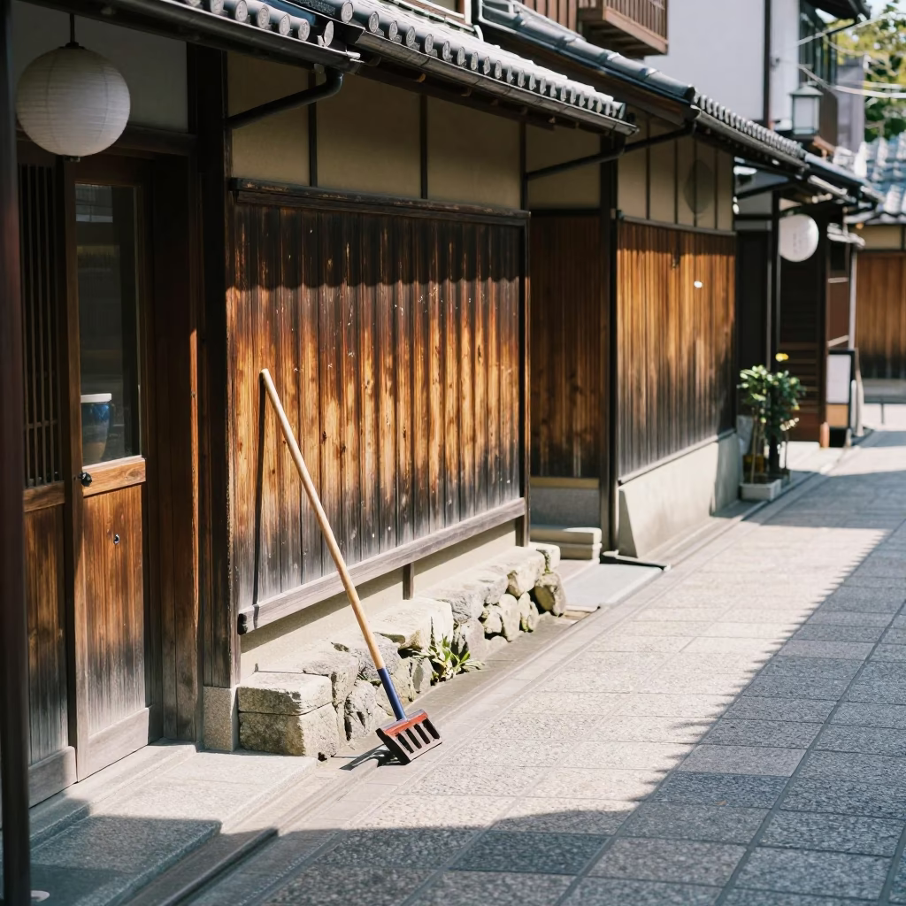 Noon Light on Kyoto Street with Rake and Tea Culture in in Kyoto, Japan