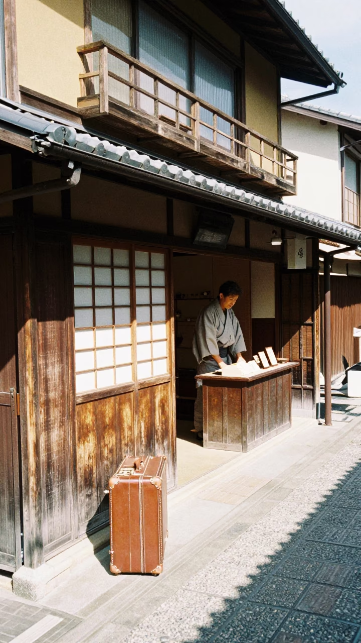 Noon Light on Kyoto Street with Vintage Suitcase and Local Shopkeeper in in Kyoto, Japan