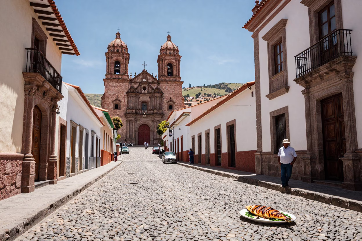 Noon Light on La Paz Cobblestones with Grilled Fish and Local Commerce in in La Paz, Bolivia