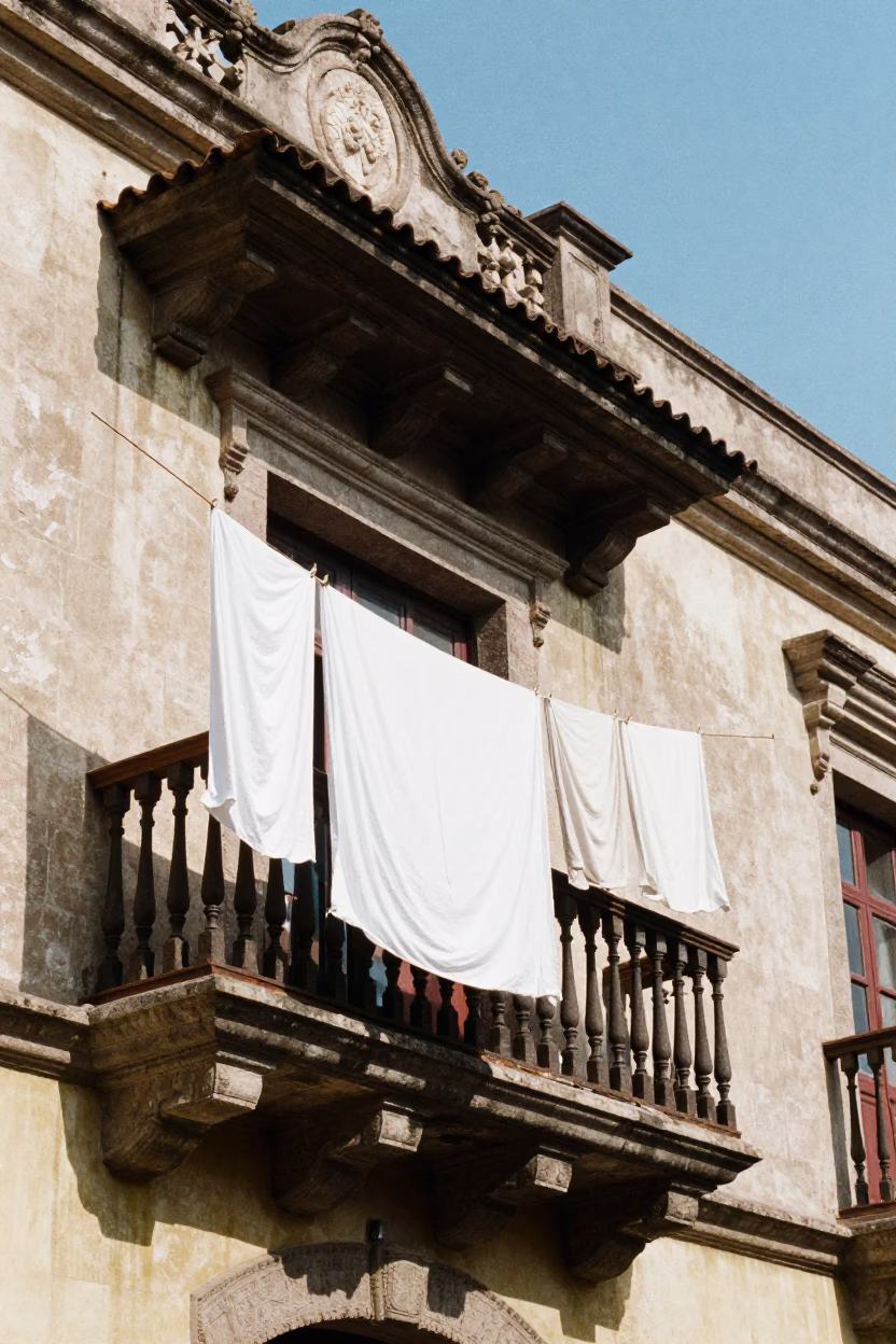 Noon Light on Lima Colonial Balcony with Hanging Laundry and Street View in in Lima, Peru