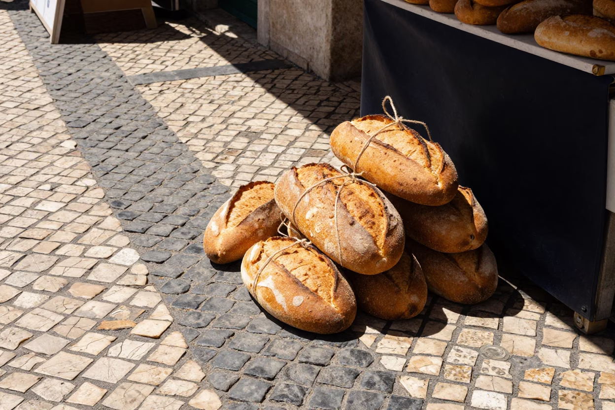 Noon Light on Lisbon Cobblestones with Bread and Twine in in Lisbon, Portugal