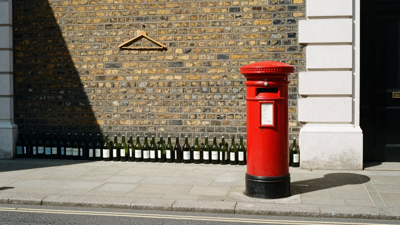 Noon light on London street with glass bottles and linen fringe details in in London, United Kingdom
