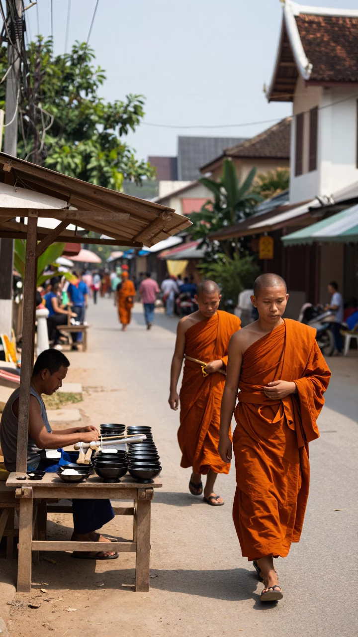 Noon light on Luang Prabang street with monk alms and traditional crafts in in Luang Prabang, Laos