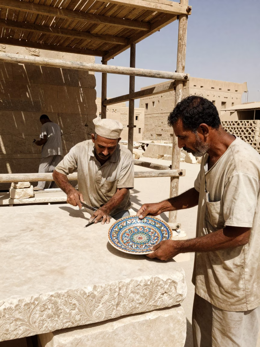 Noon Light on Luxor Corniche Stone Carvers and Vintage Glassware in in Luxor, Egypt