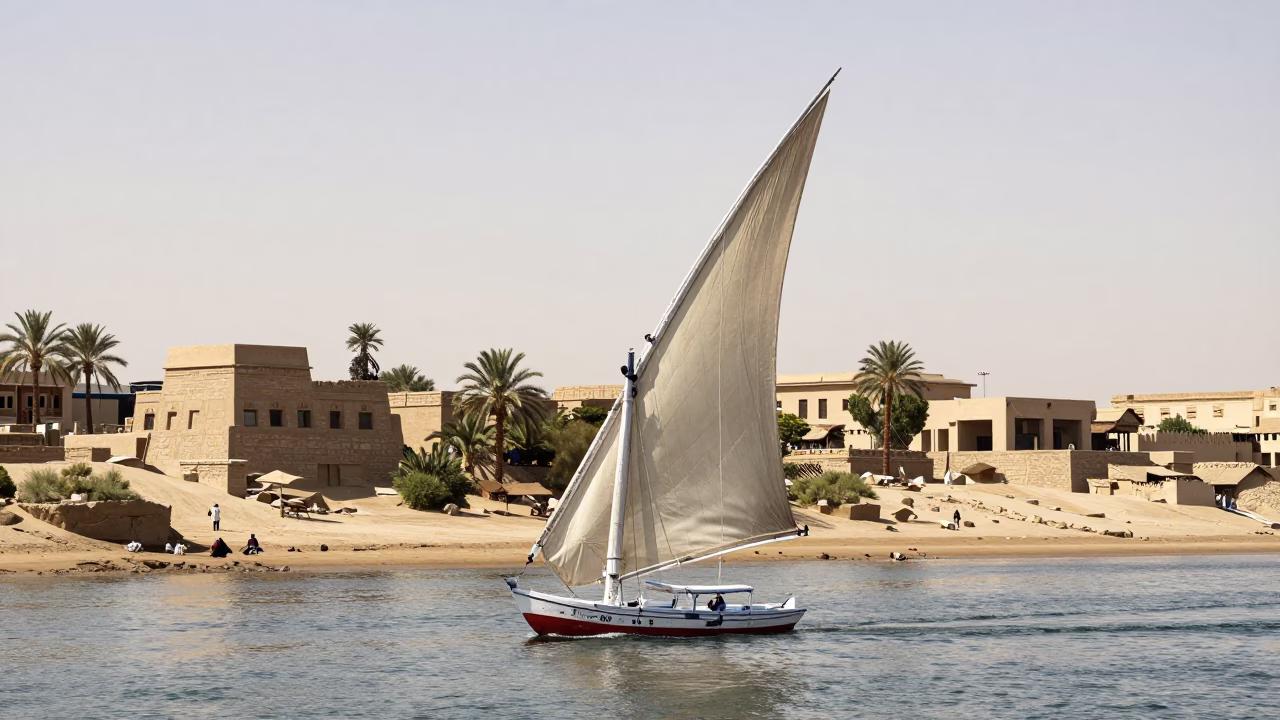 Noon light on Luxor Nile felucca sails and stone embankment with ceramic water jug in in Luxor, Egypt