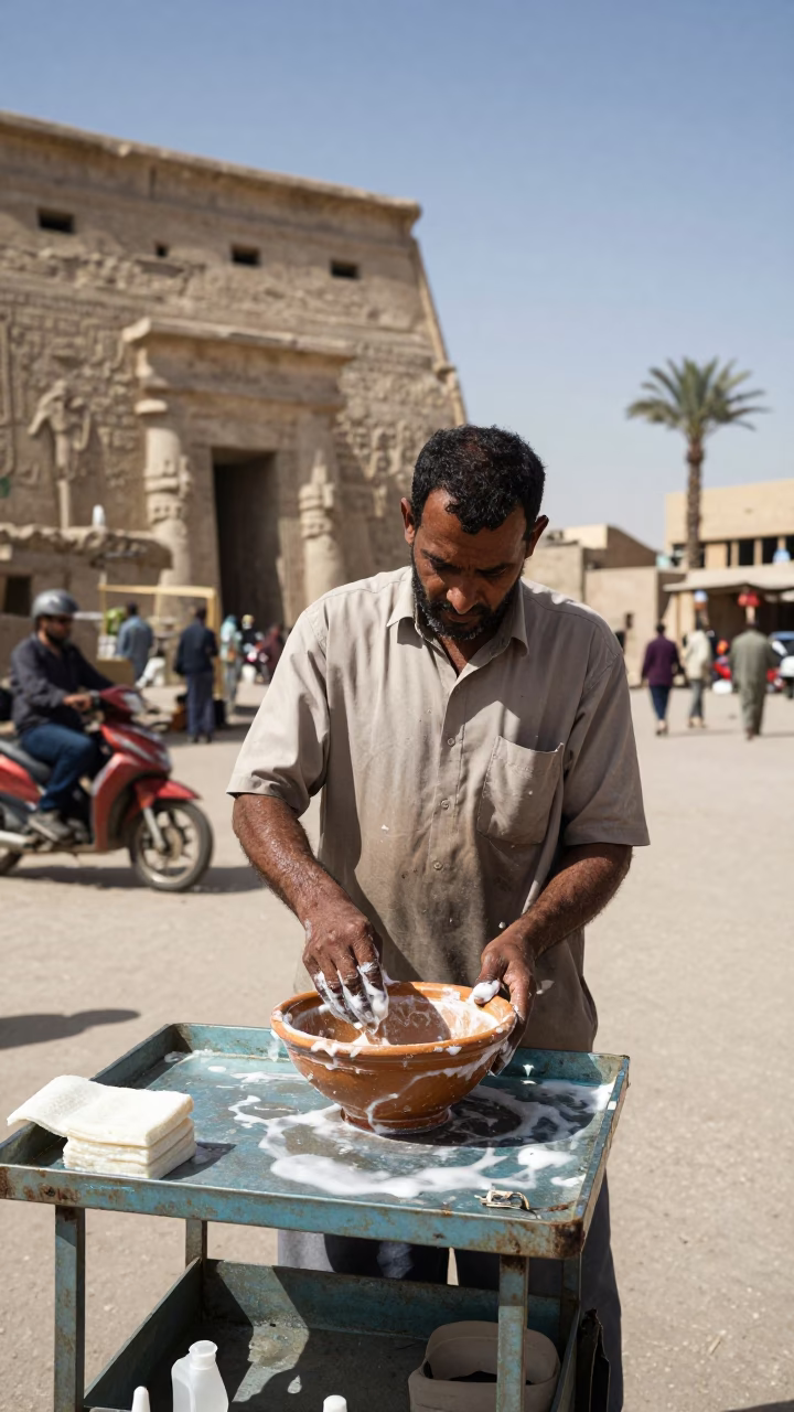 Noon Light on Luxor Street Vendor with Soap Residue Bowl and Paperweight in in Luxor, Egypt