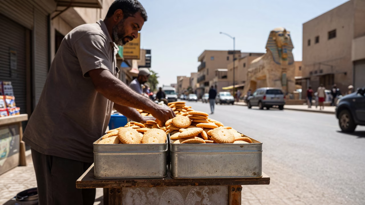 Noon Light on Luxor Street with Biscuit Tin and Soap Residue on Fabric in in Luxor, Egypt