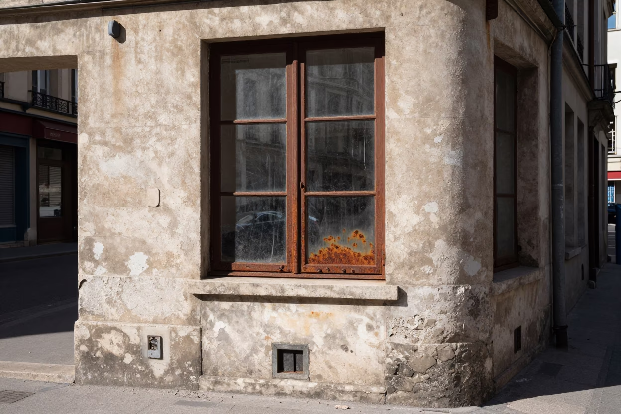 Noon Light on Lyon Street Corner with Rusty Window and Chalk Tray in in Lyon, France