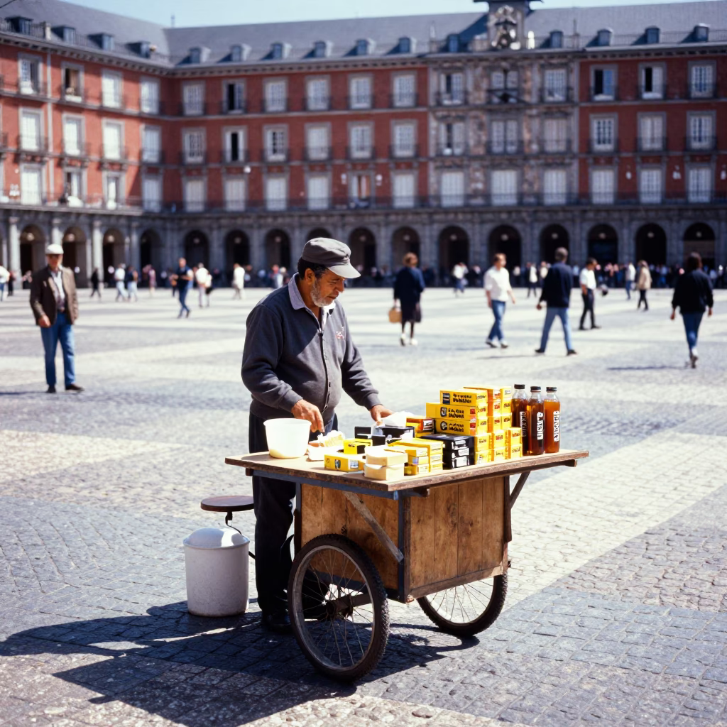 Noon Light on Madrid Plaza Mayor Street Vendor Selling Traditional Jars and Ceramics in in Madrid, Spain