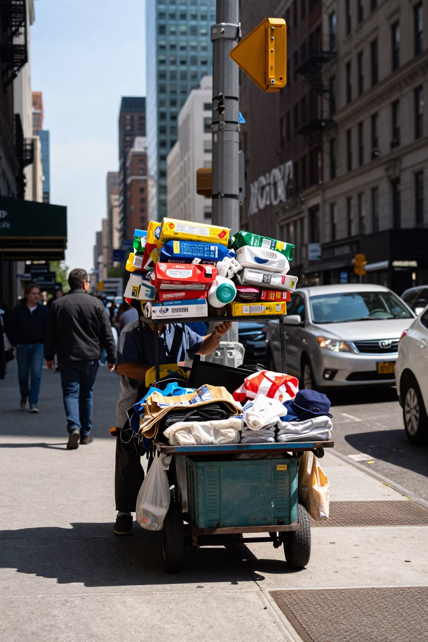 Noon Light on Manhattan Street Corner with Stacked Plates and Postcards in in New York, New York, United States